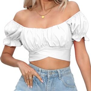 White off the shoulder silky top 🤍